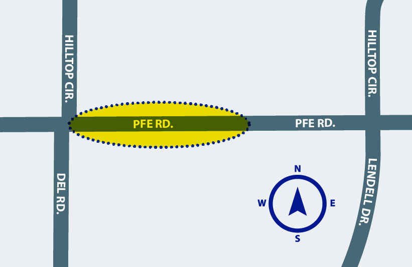 A highlighted project area that covers a section of PFE Road between 1961 PFE Road and Del Road.